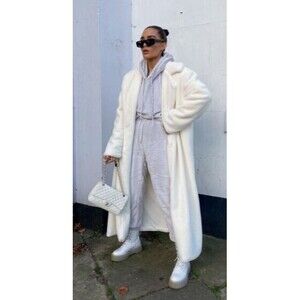 Missguided White Faux Fur Coat Full Length Oversized Lined Pockets Button 6